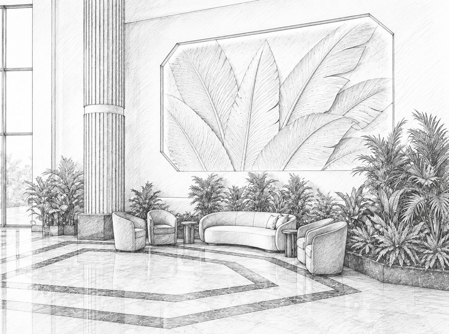 VIP hall: leaf relief wall